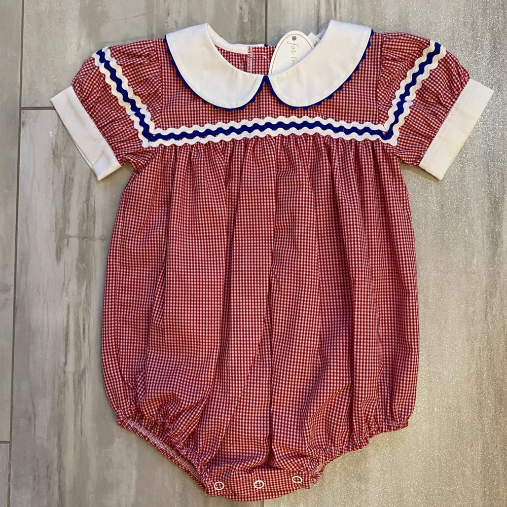 NWT Lullaby Set Red Gingham Kendall Collared Puff Sleeve Bubble Romper, girls 9M